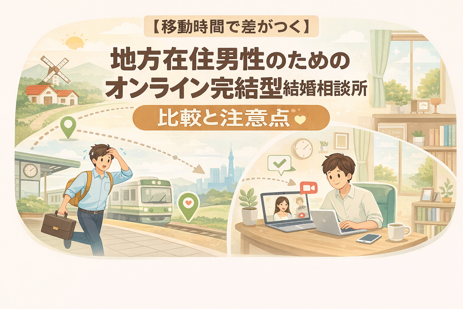 【移動時間で差がつく】地方在住男性のためのオンライン完結型結婚相談所比較と注意点